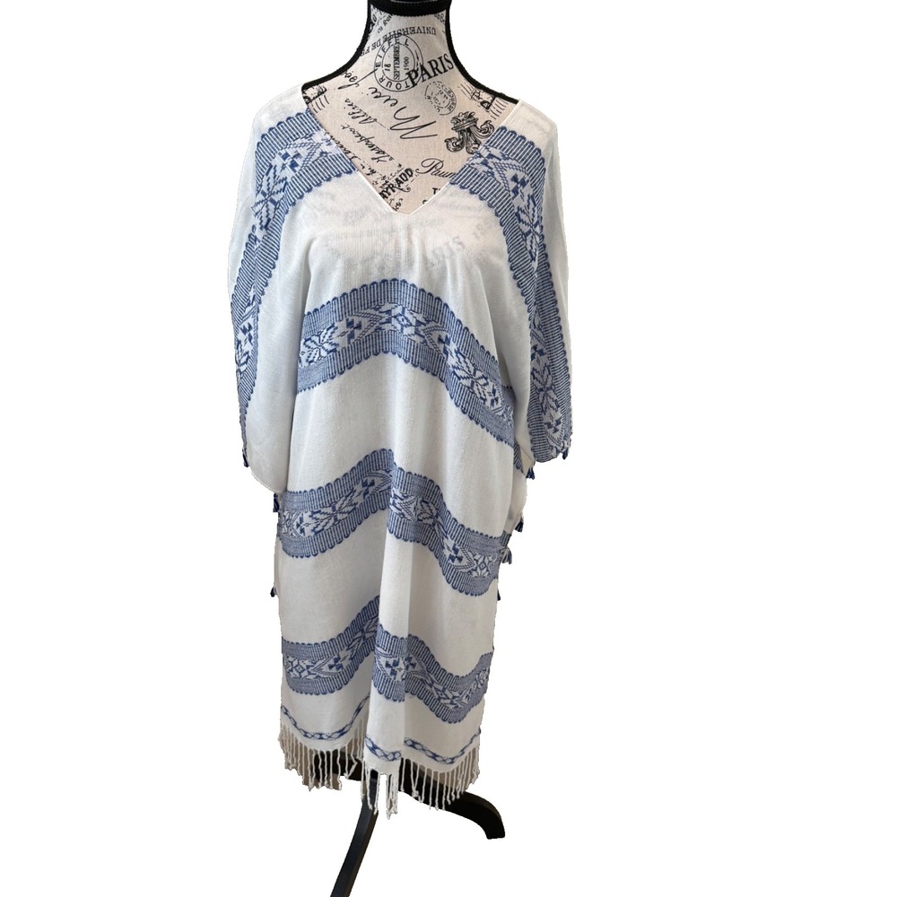 Pookie & Sebastian Beach/Swim Cover-Up w/Tassels; Fringe; White/Blue - One Size